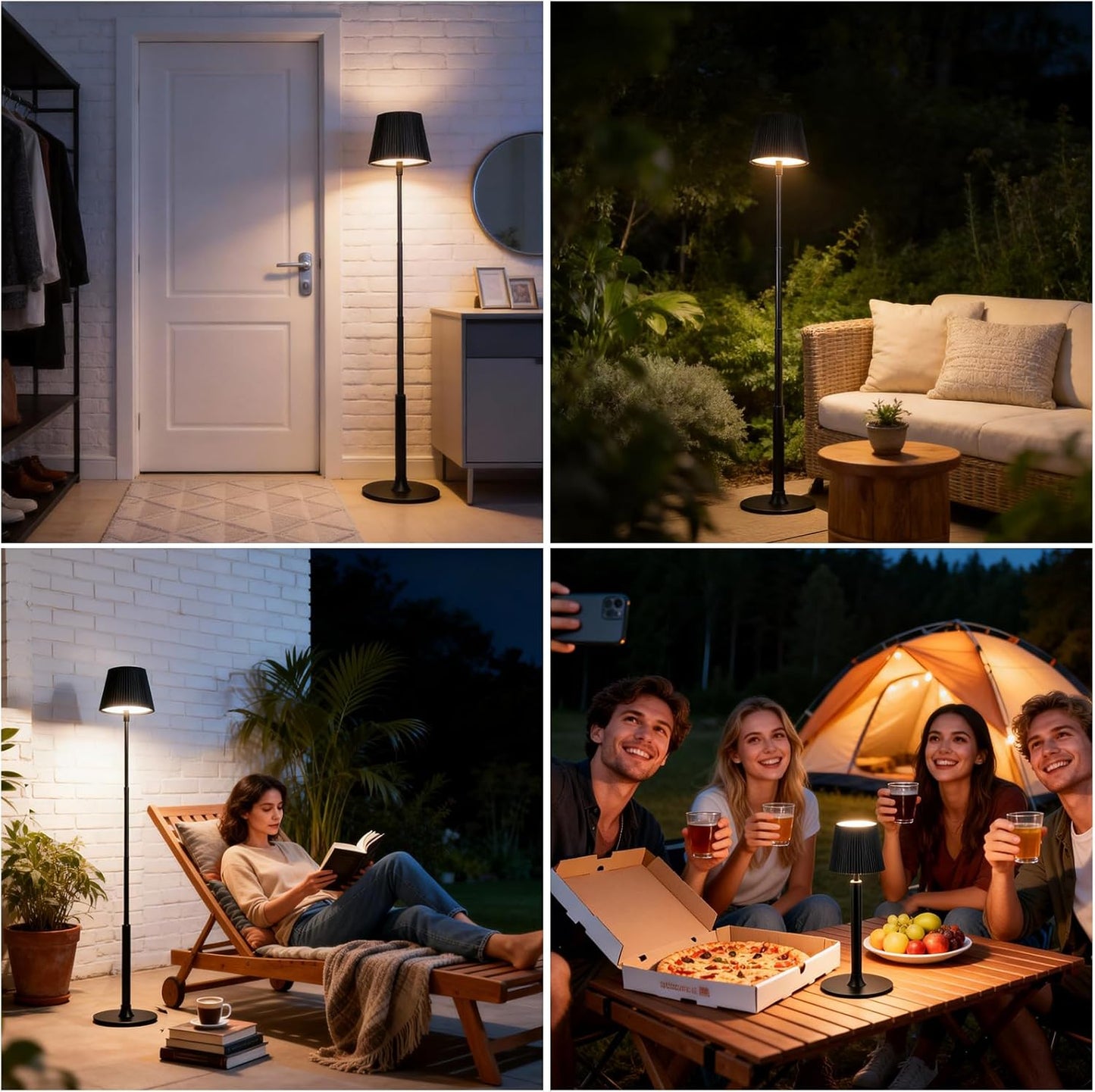 Modern LED Floor Lamp for Living Room, Tall Standing Lamp for Corner, Reading, Cordless, Rechargeable, Dimmable, Height Adjustable for Table, Desk, Outdoor, Patio, Bedroom, Black