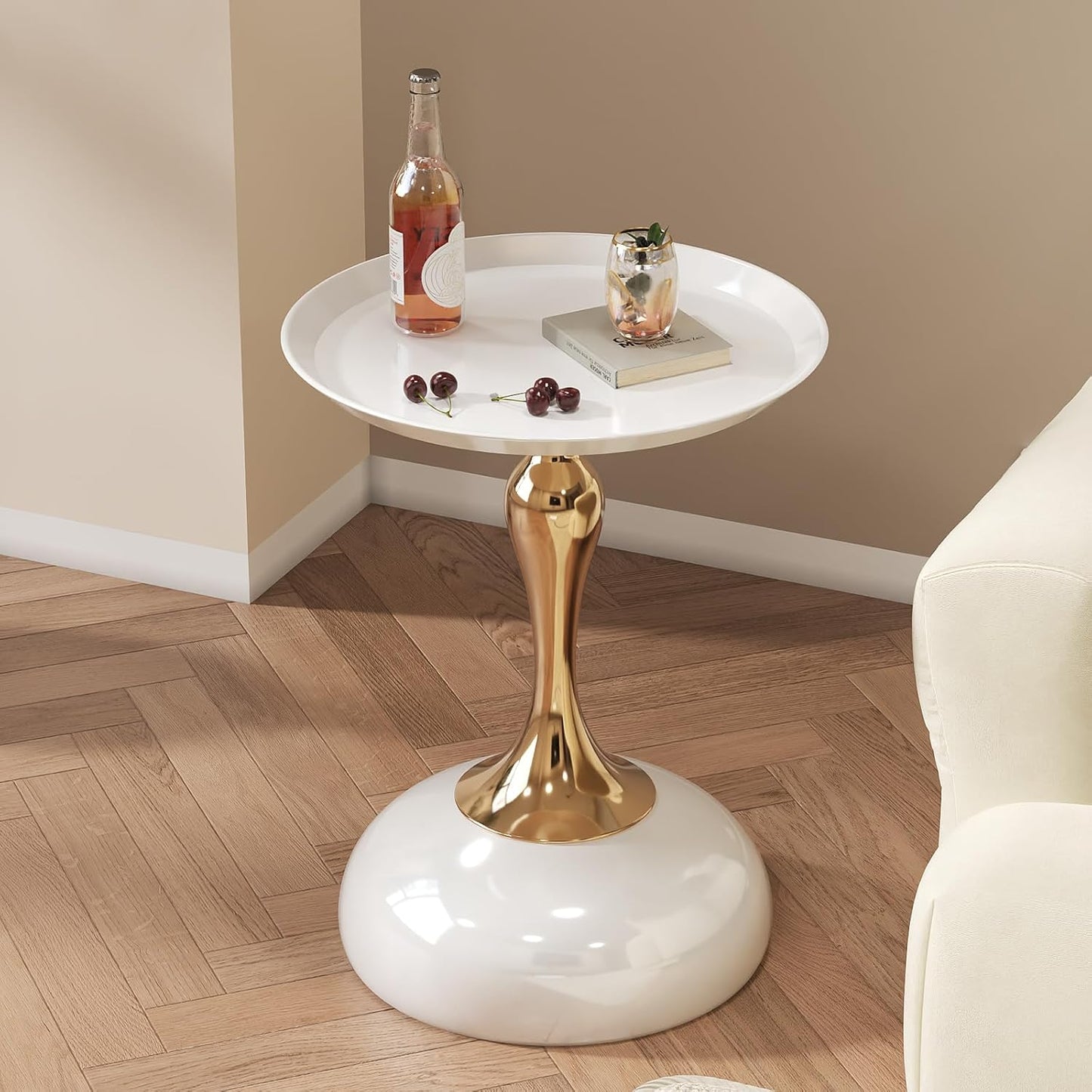 Small White Round Side Table with Gold Pedestal Base - Modern Chic Accent End Table for Living Room, Bedroom & Office Spaces