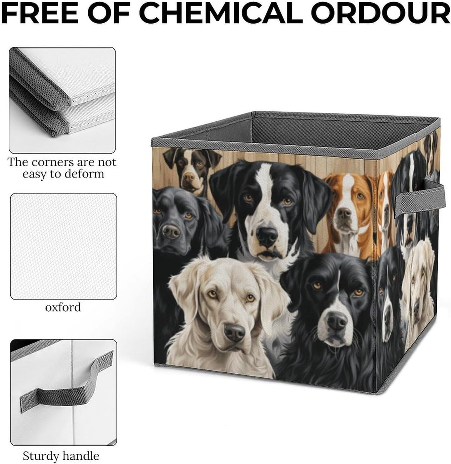 Black And White Dog Storage Bins with Handles Fashion Large Storage Cubes Sturdy Foldable Storage Boxes Space-Saving Storage Baskets for Home Office Clothes Closet Organizers