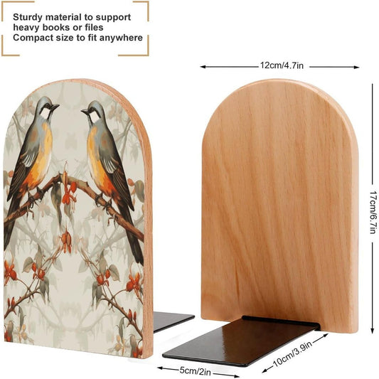 Birds Vintage Art Bookend for Shelves Wooden Book End Large Size Sturdy Book Holders Stoppers with Metal Base for Bookshelves Slick Decorative Bookends Stands