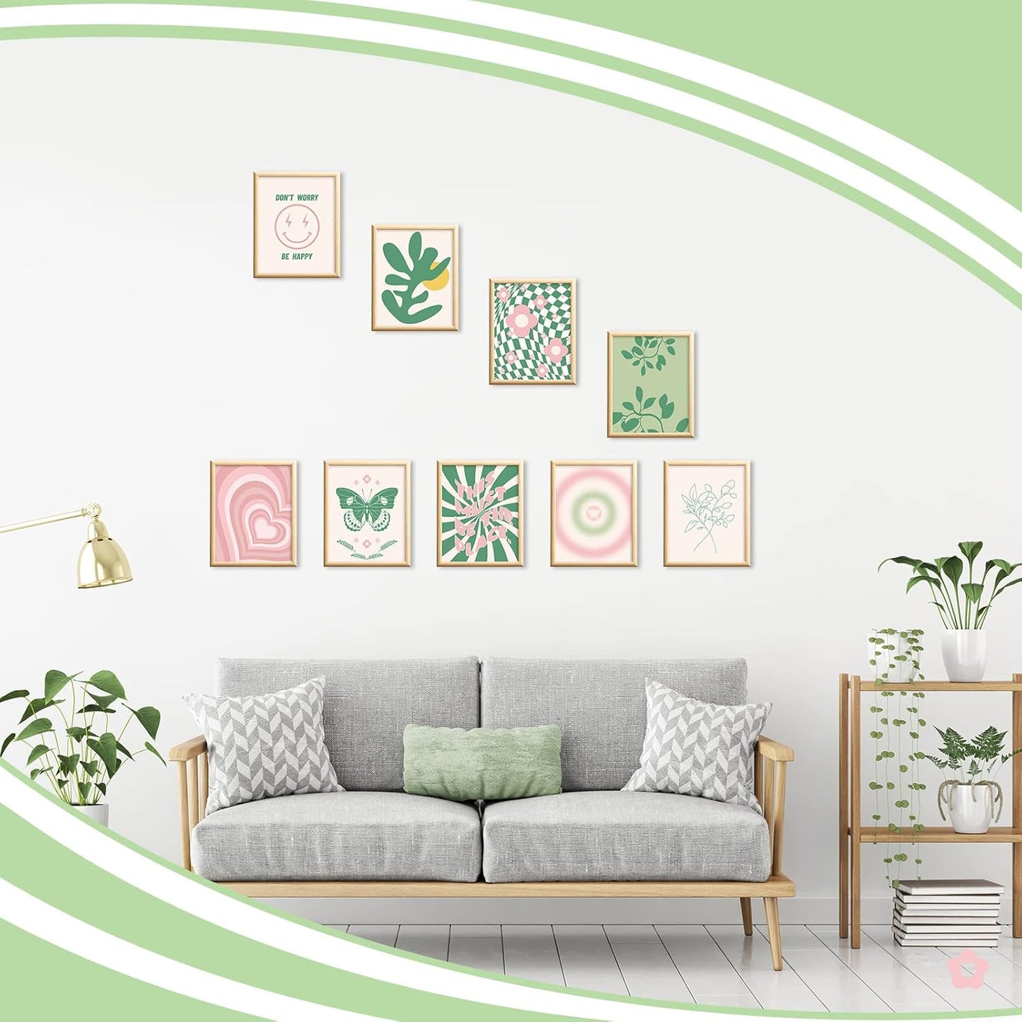 Fainne 9 Pieces Aesthetic Danish Pastel Room Decor Wall Decor Abstract Home Wall Art Decorations for Living Room Bedroom Decorations, 8 x 10 Inches Unframed (Green and Pink Style)