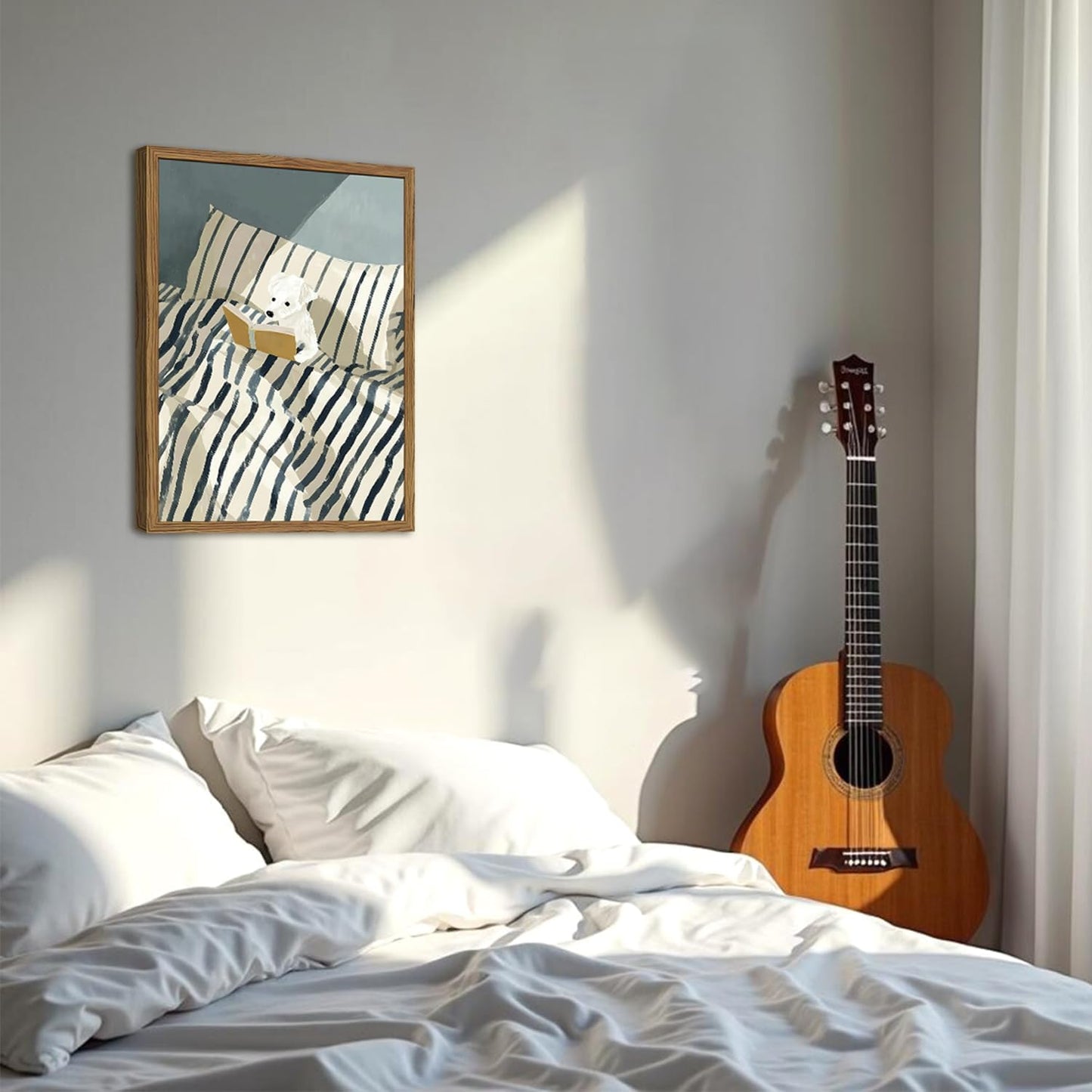 Funny Dog Reading Wall Art Whimsical Dog in White and Blue Striped Bed Wall Decor Painting Eclectic Animal Poster Canvas Print for Bedroom Living Room Bathroom 24x16 inch Wood Framed