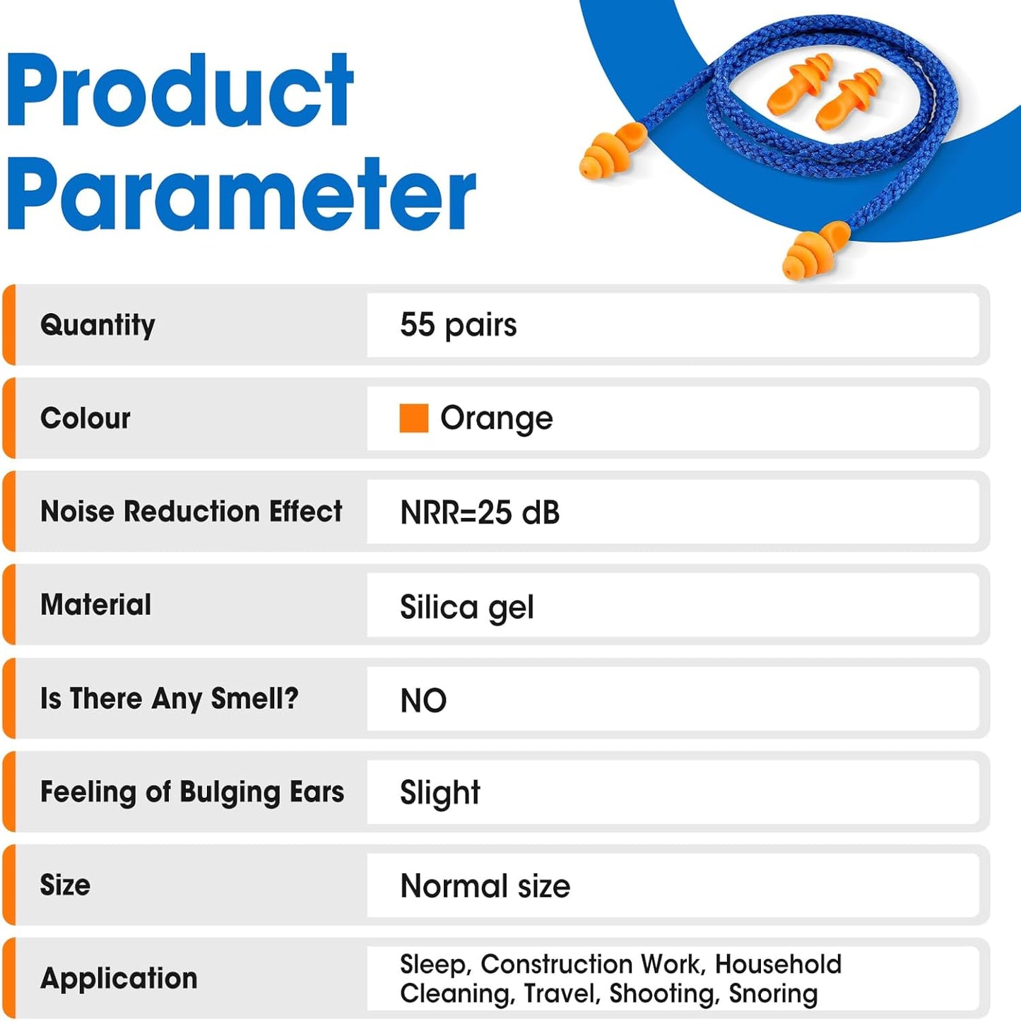AZEN 55 Pairs Silicone Ear Plugs, Reusable Earplugs for Noise Reduction, 25dB NRR Corded Ear Plug for Sleeping Noise Cancelling, Ear Plug with String Individual Packing