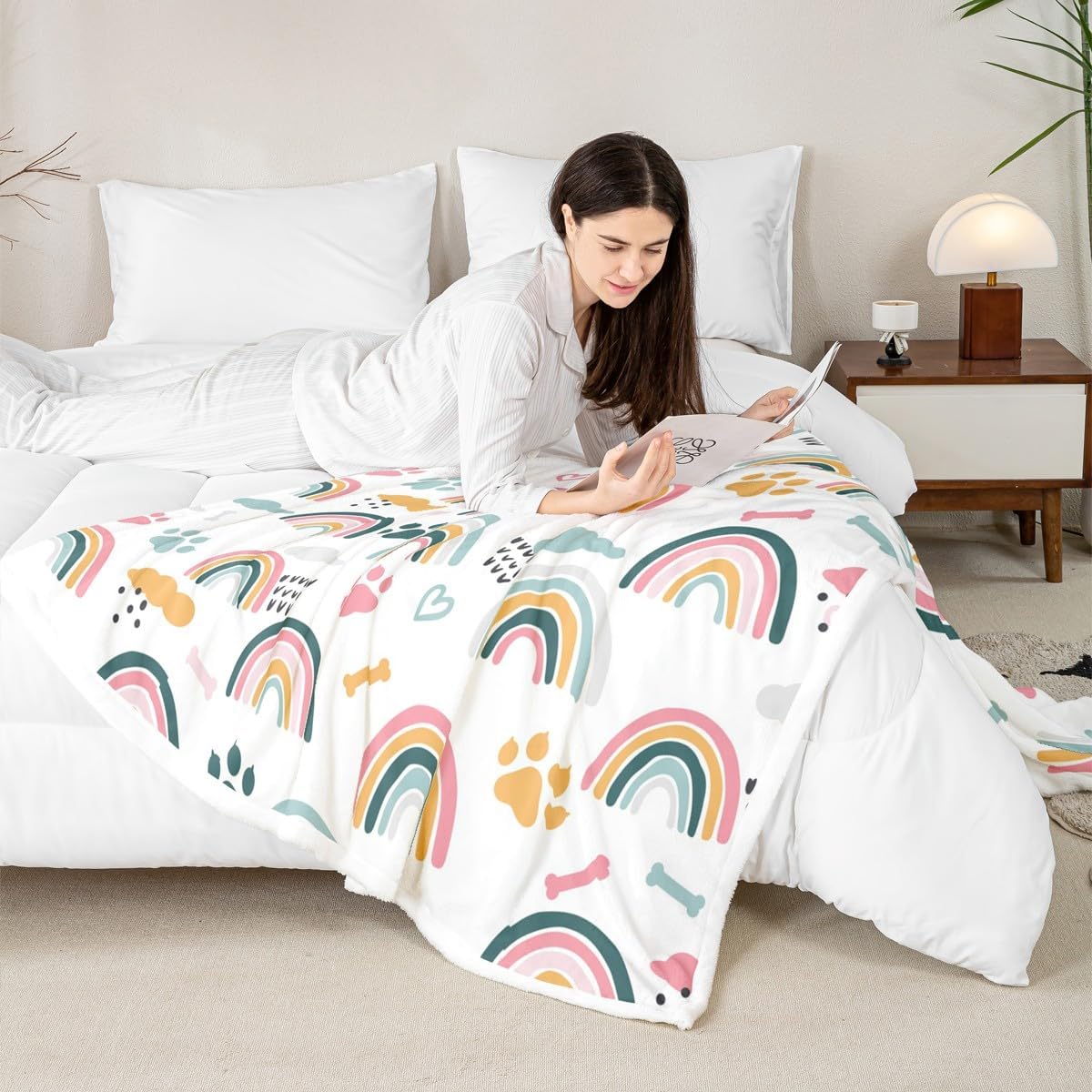 Girls Rainbow Throw Blanket,Cartoon Dog Paw Print Cloud Bones Pattern Blankets for Kids Boys Teens Room Decor,Lovely Pet Animal Theme Fleece Blanket Pink Blue White Sherpa Blanket