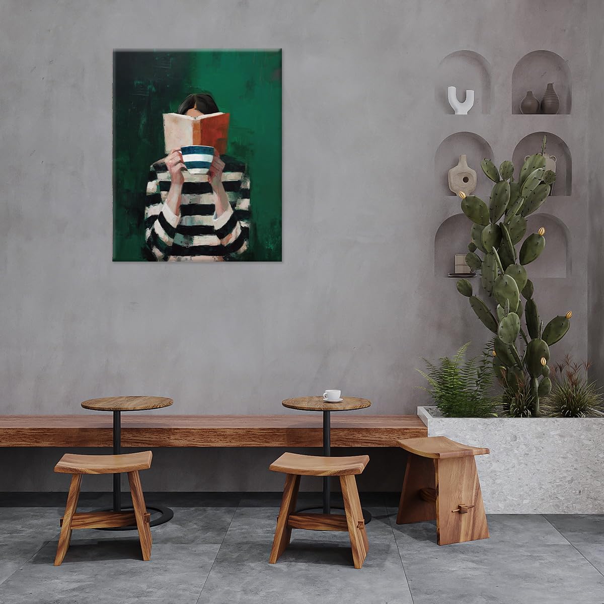 Vintage Reading Woman Canvas Wall Art Print Striped Sweater Girl Picture Painting Artwork Emerald Green Wall Decor for Home Living Room Reading Room 8x10 Framed