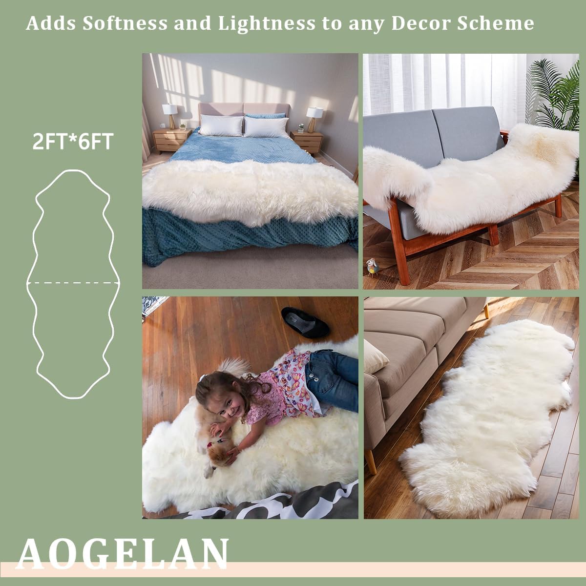 Genuine Sheepskin Rug, Shaggy Fur Fluffy Fuzzy Soft Area Rug for Bedroom Living Room Fur Wool Pray Throw Pup Area Cushion, Chair Sofa Seat Cover(Pansy Purple, Double Pelt/2FT*6FT)