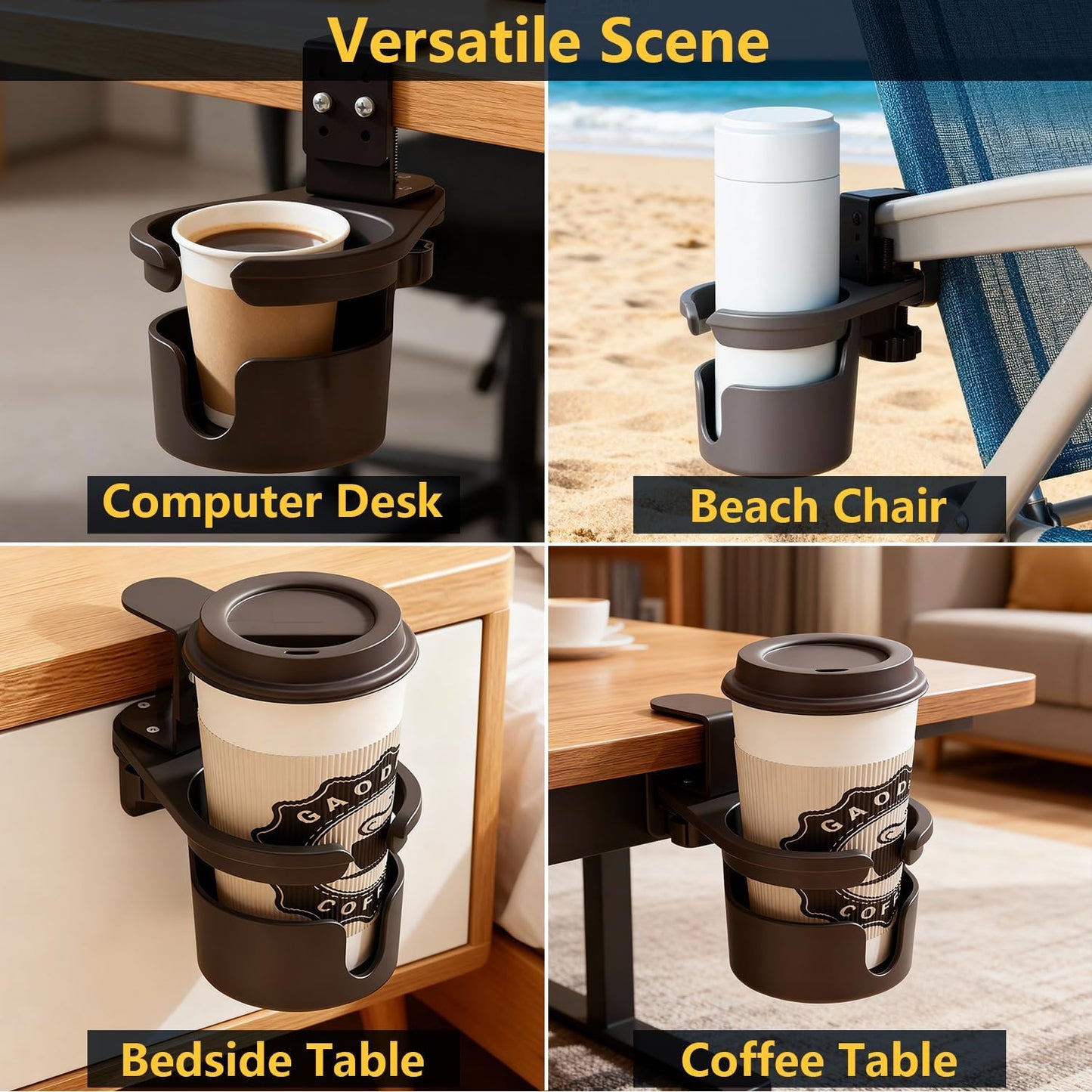 Desk Cup Holder Clip On 360° Rotating Clamp,Deeper Anti-Spill Drink Holders for Water Bottles & Coffee Mugs,Adjustable Clamp Fits Screw On Table for Drinks,Office,Gaming Desk,Home,Black