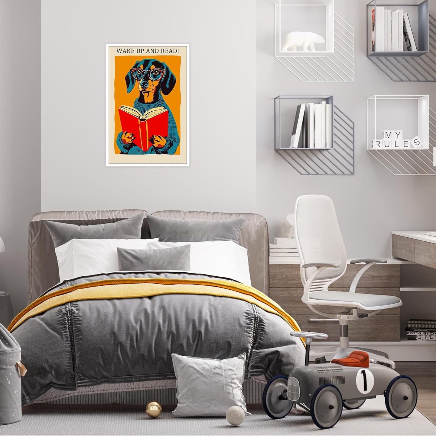 Wake Up And Read Posters Funny Beagle Wearing Reading Glasses Reading Book Canvas Wall Art National Library Week 1960 Aesthetic Prints Painting For Home Bedroom Dorm Wall Decor 12x16in Unframed