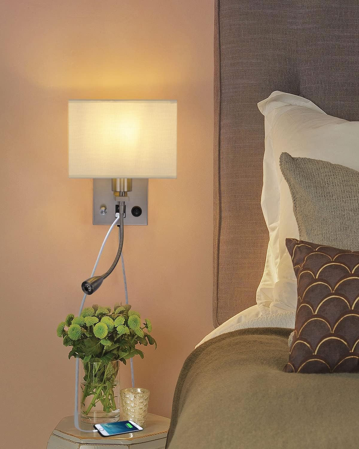 2-Pack Bedside Lights, Plug in Wall Sconce with Two USB Charging Ports, Dimmable Reading Lamp with Fabric Shade and On/Off Switch, for Home or Hotel, Brushed Nickel