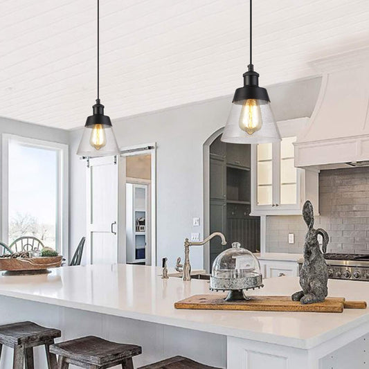 Industrial Glass Pendant Light with Handblown Clear Seeded Glass Shade, One-Light Adjustable Rustic Mini Pendant Lighting Fixture for Kitchen Island Cafe Bar Farmhouse, Black