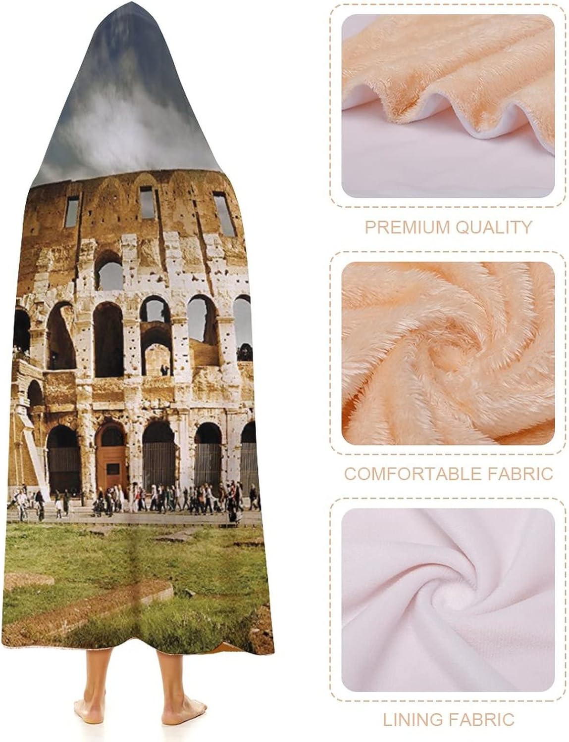 Throw Blankets, The Colosseum Wearable Hooded Blanket for Adults, Monument Ruins, Soft Warm Cozy, 50 x 60inches, Studying Reading Snuggling Napping Office, Multicolor