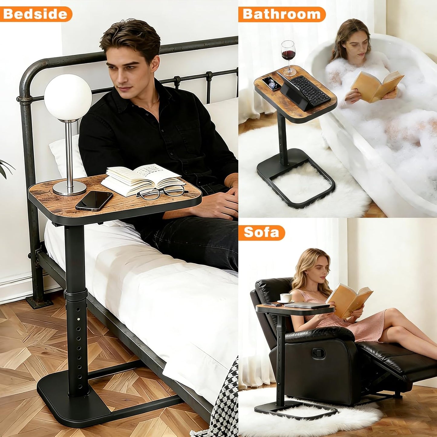 TV Tray Table, C Shaped End Side Table, Adjustable Height & Flip-Top & Rounded Metal Corners for Couch, Sofa, Bed, Chair, Living Room, Dinner or Laptop, Small Spaces