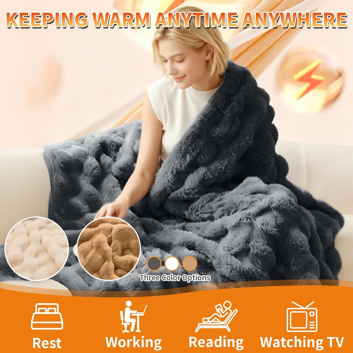 Electric Heated Blanket Throw - 50"x60" Heating Blanket Throw House Warming Gifts New Home, Ultra Soft Warm Flannel Sherpa Fast Heat,8 Heat Level 10 Hours Auto-Off ETL Certified Grey