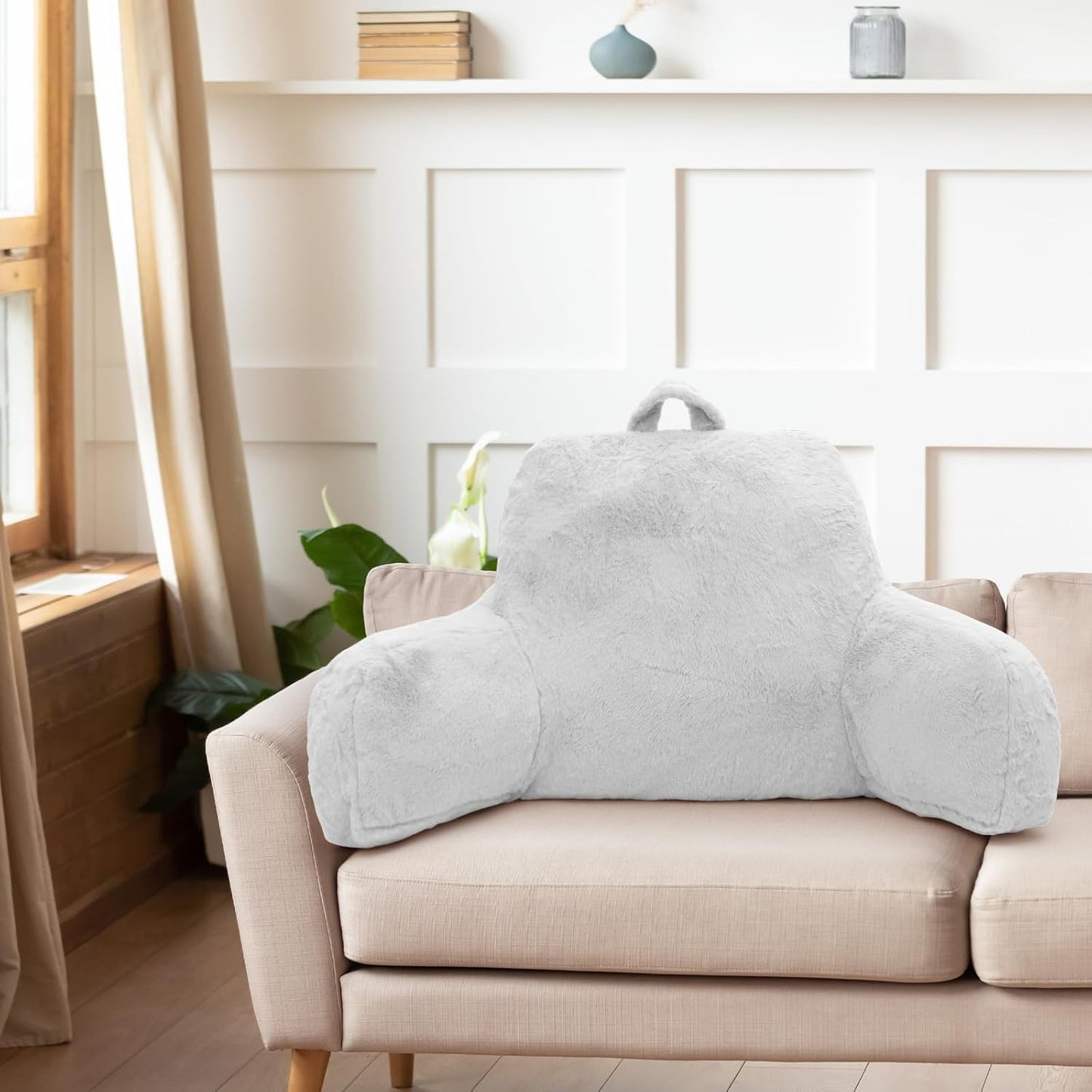 Reading Pillow, Back Support Pillow for Bed Sitting Up, Standard Bed Rest Pillow with Arms for Adults,Back Support Pillow for Couch and Chair, Bed Reading Pillow, White