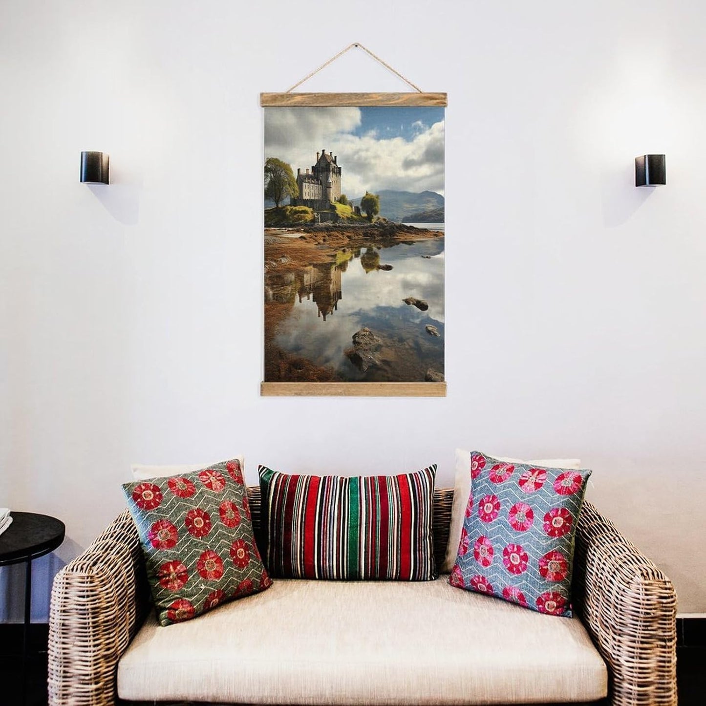 Vintage Scotland Castle Water Lake Scottish Poster with Wooden Frame Personalized Linen Hanging Scroll Painting Rustic Wall Hanging Illustrative Modern Artwork Decor for Home Living Room Bedroom Offic