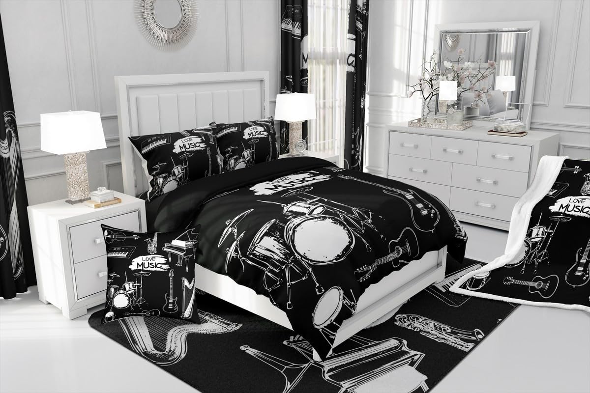 Feelyou Guitar Fleece Throw Blanket for Sofa Couch Drum Kit Piano Music Themed Sherpa Blanket Black White Musical Pattern Warm Plush Blanket Room Decor Instruments Print Fuzzy Blanket Throw 50"x60"