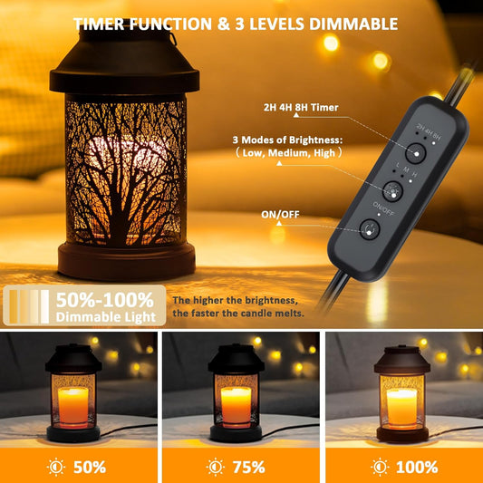Candle Warmer Lamp - Vintage Candle Warmer Lantern with Timer & Dimming Function, Electric Candle Lamp Warmer Home Bedroom Decor Wax Melt Warmer Birthday Gifts for Women Mom (2 Bulbs Included)