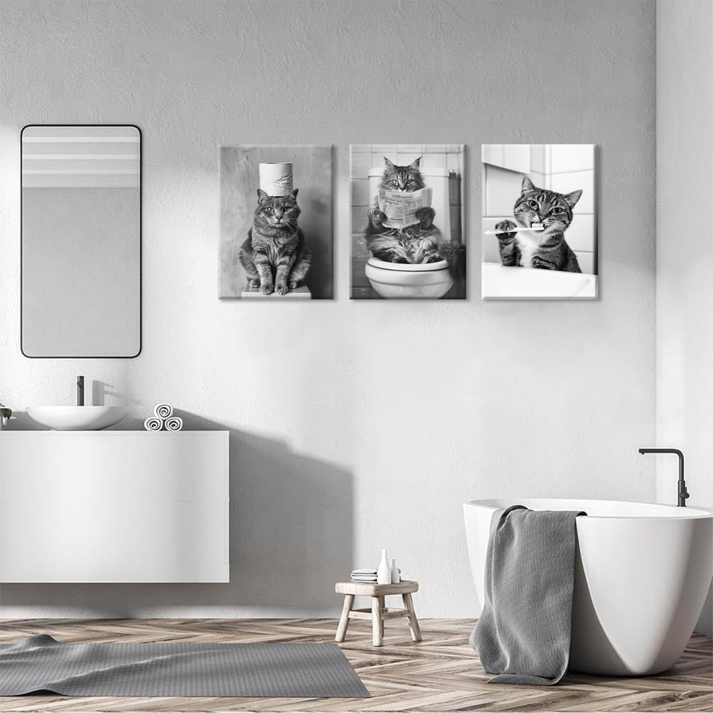 Framed Funny Black and White Cat Bathroom Wall Art Set of 3, Cute Cat on Toilet Pictures Wall Decor Paintings, Humor Animal Toilet Signs Canvas Prints for Bathroom Restroom 16x24 inch