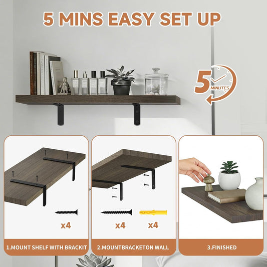 LifetimeWarranty Wall Shelves With Brackets, NOT Floating Easy Install 15.7Inch Solid Wood Shelf 3PCS,Picture Ledge Display Shelf for Living Room Bedroom Kitchen,House Decor Shelf for Book Plant Frame