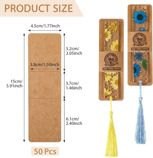 Fumete 50 Pieces Resin Bookmark Holder Bulk 5. 9 x 1. 8 Inches Kraft Bookmark Sleeves DIY Display Cards for Wrapping Small Business Packaging Supplies Party Favor Gifts(Cute,Brown)