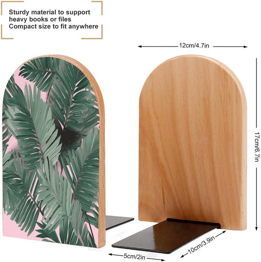 Green Palm Tree Leaves Pink Bookend for Shelves Wooden Book End Large Size Sturdy Book Holders Stoppers with Metal Base for Bookshelves Slick Decorative Bookends Stands