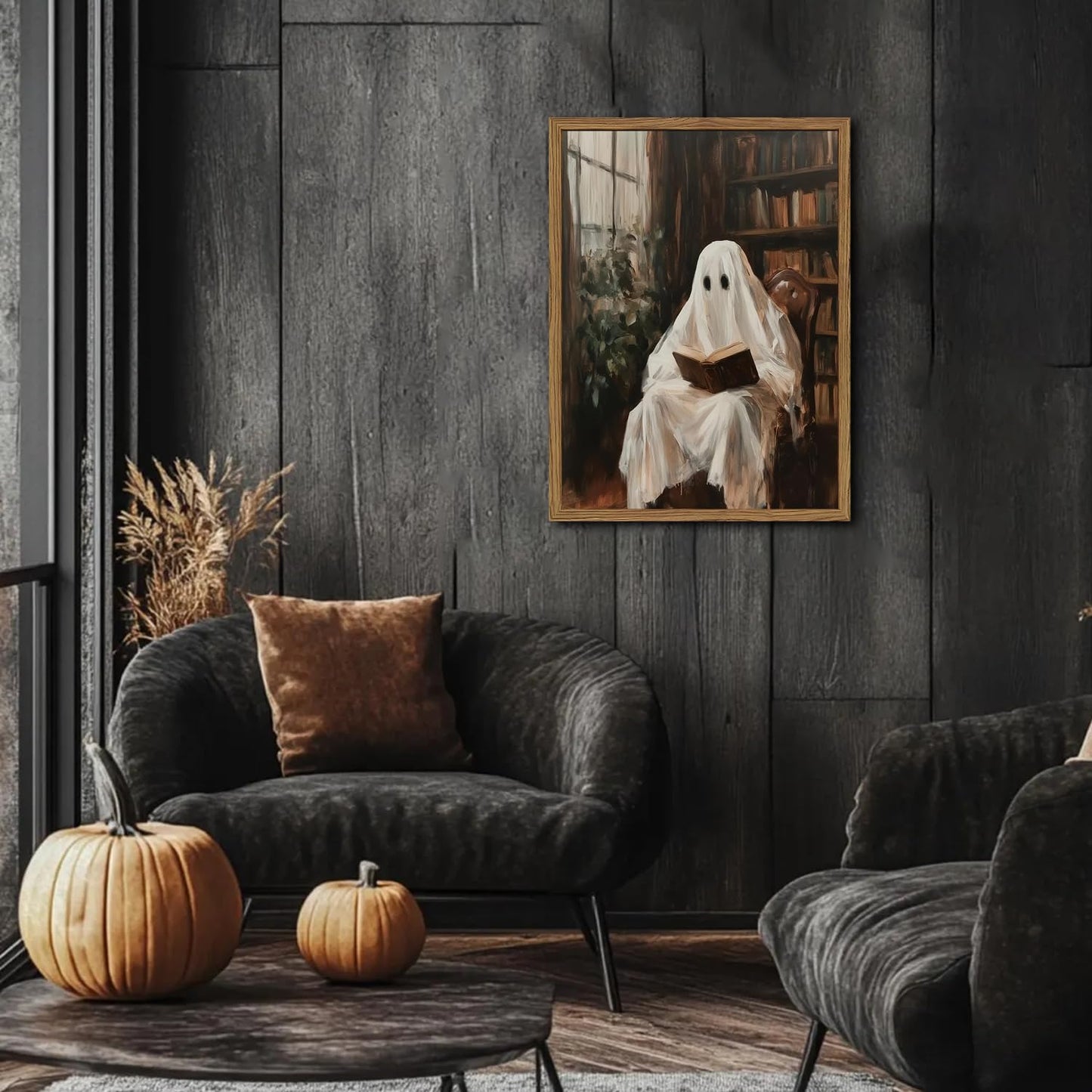 Framed Halloween Ghost Reading Book Canvas Wall Art, Vintage Dark Academia Horror Ghost Pictures Wall Decor Paintings, Gothic Moody Spooky Library Prints for Living Room Bedroom Office Dorm 12x16 inch