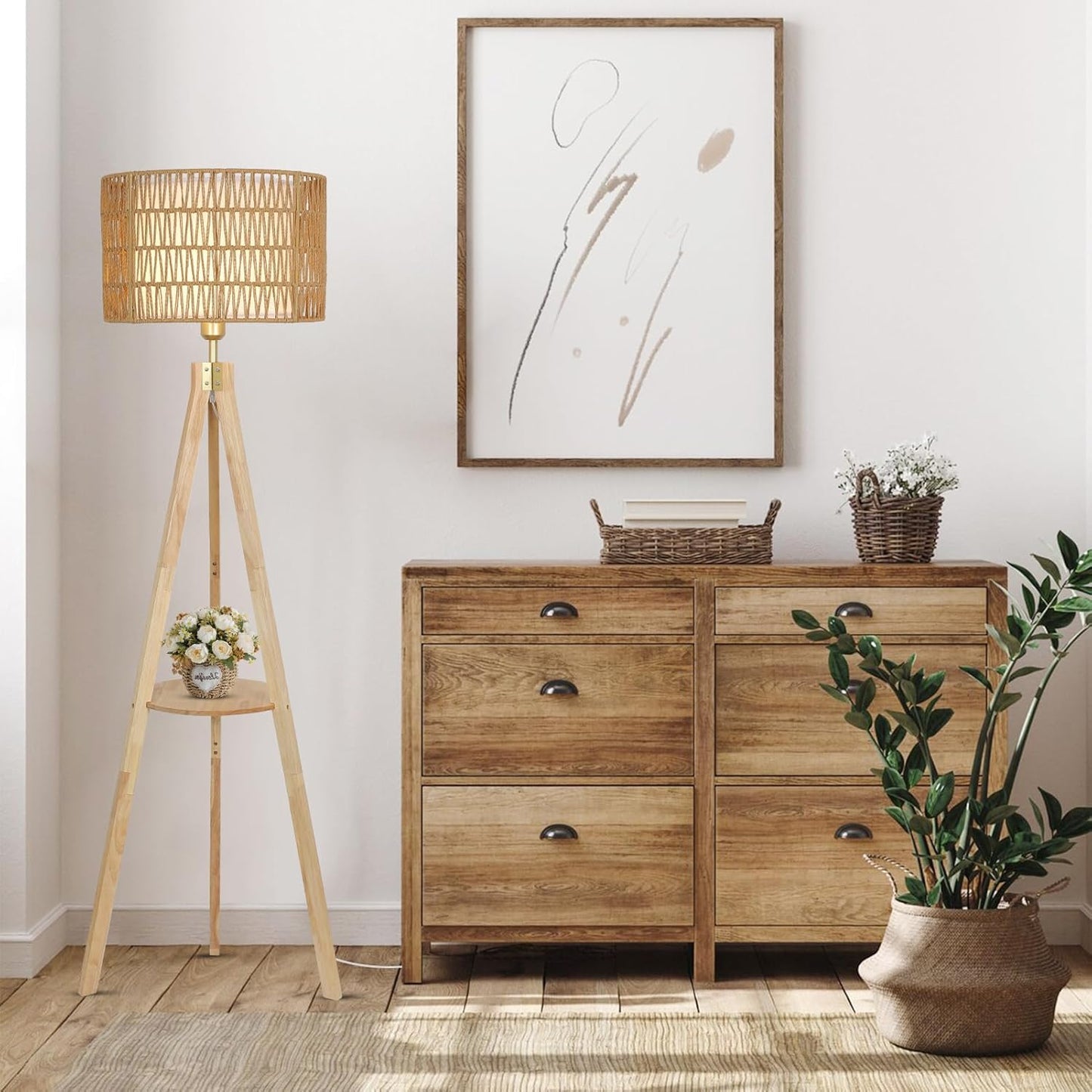 Oak Wood Tripod Floor Lamps for Living Room, Boho Floor Lamp with Shelves, Mid Century Rattan Standing Lamp with Fabric Shade, ON/Off Switch, Farmhouse Tall Floor Lamps for Bedroom Office