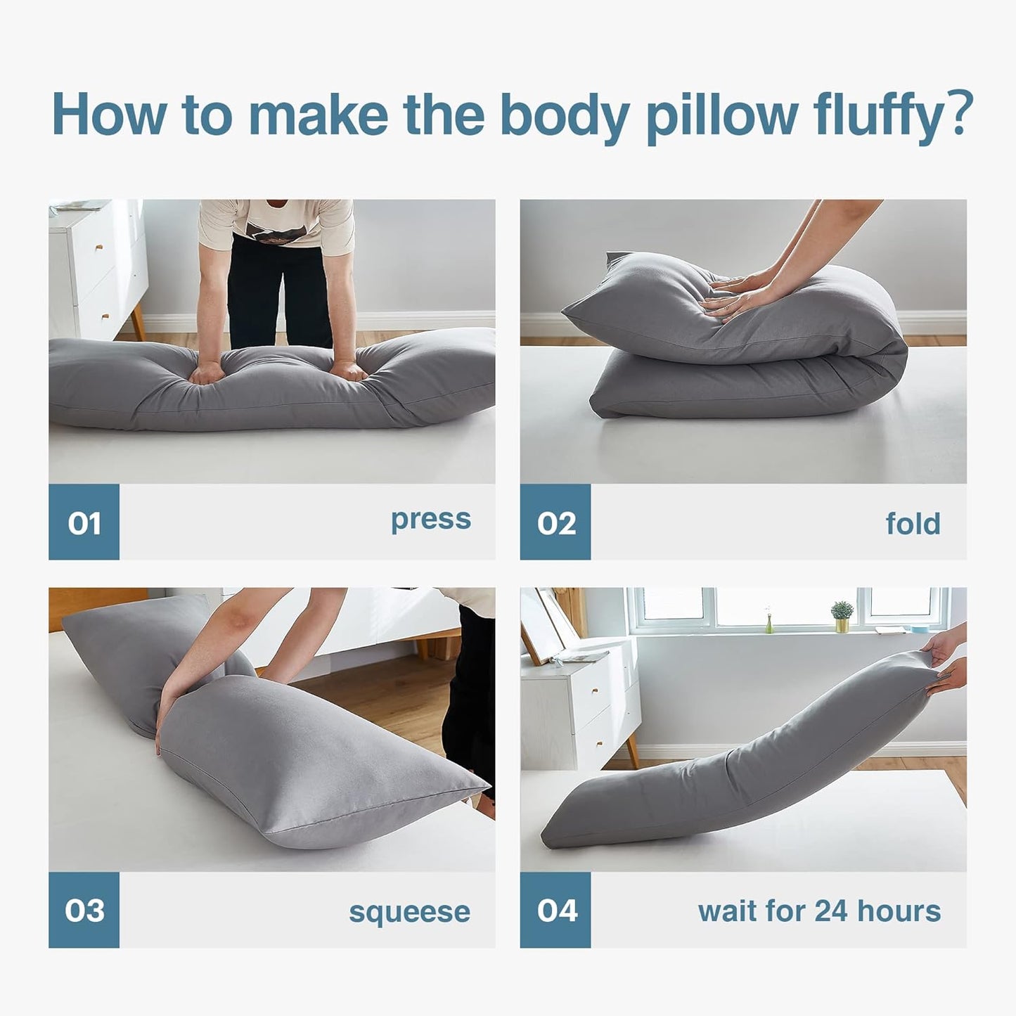 Acanva Fluffy Bed Sleeping Side Sleeper Body Pillow Insert, 20” x 60”with Grey Pillowcase, White