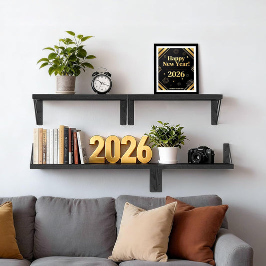 BAYKA Wall Mounted Floating Shelves, Wood Floating Wall Shelf for Books & Decor, Small Space-Saving Display & Organizer(Black,Set of 4)