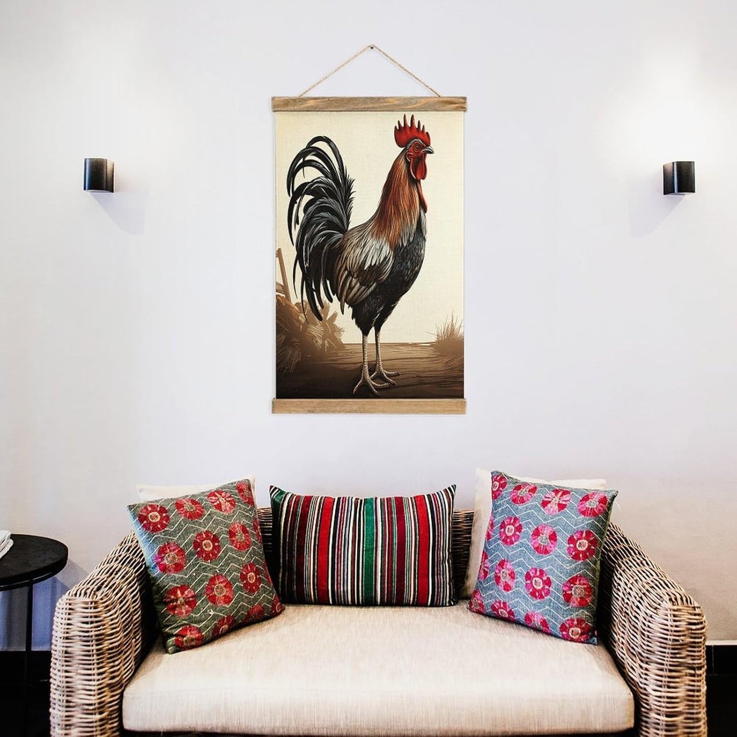 Vintage Rooster Poster with Wooden Frame Personalized Linen Hanging Scroll Painting Rustic Wall Hanging Illustrative Modern Artwork Decor for Home Living Room Bedroom Office