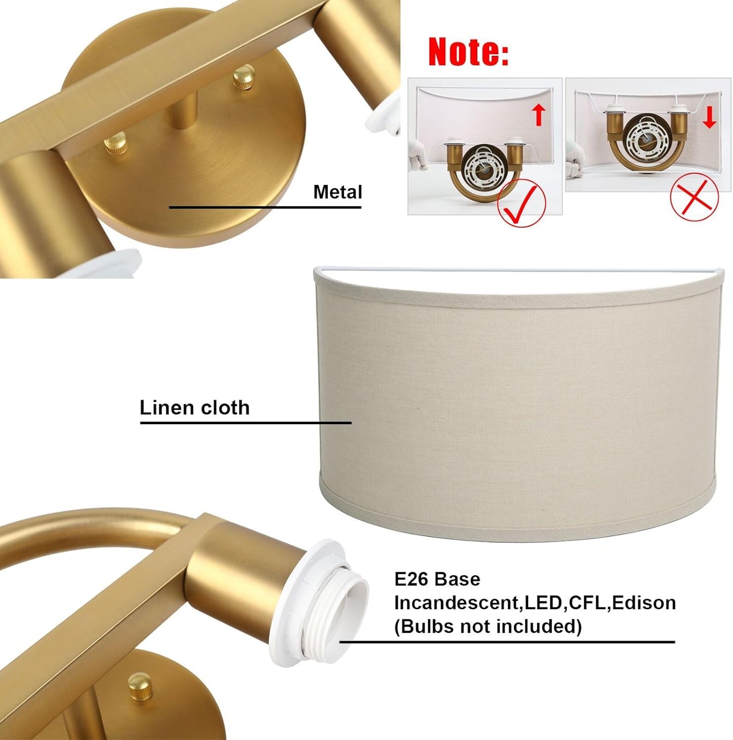 Yosoan Linen Fabric Cloth Boho Aged Brass Gold Wall Sconce Stairwell Fixture Light, 2-Light Dual Indoor Hardwired Vanity Vintage Wall Mount Lamp Antique Metal Base Semicircle Shade Lamp for Hallway