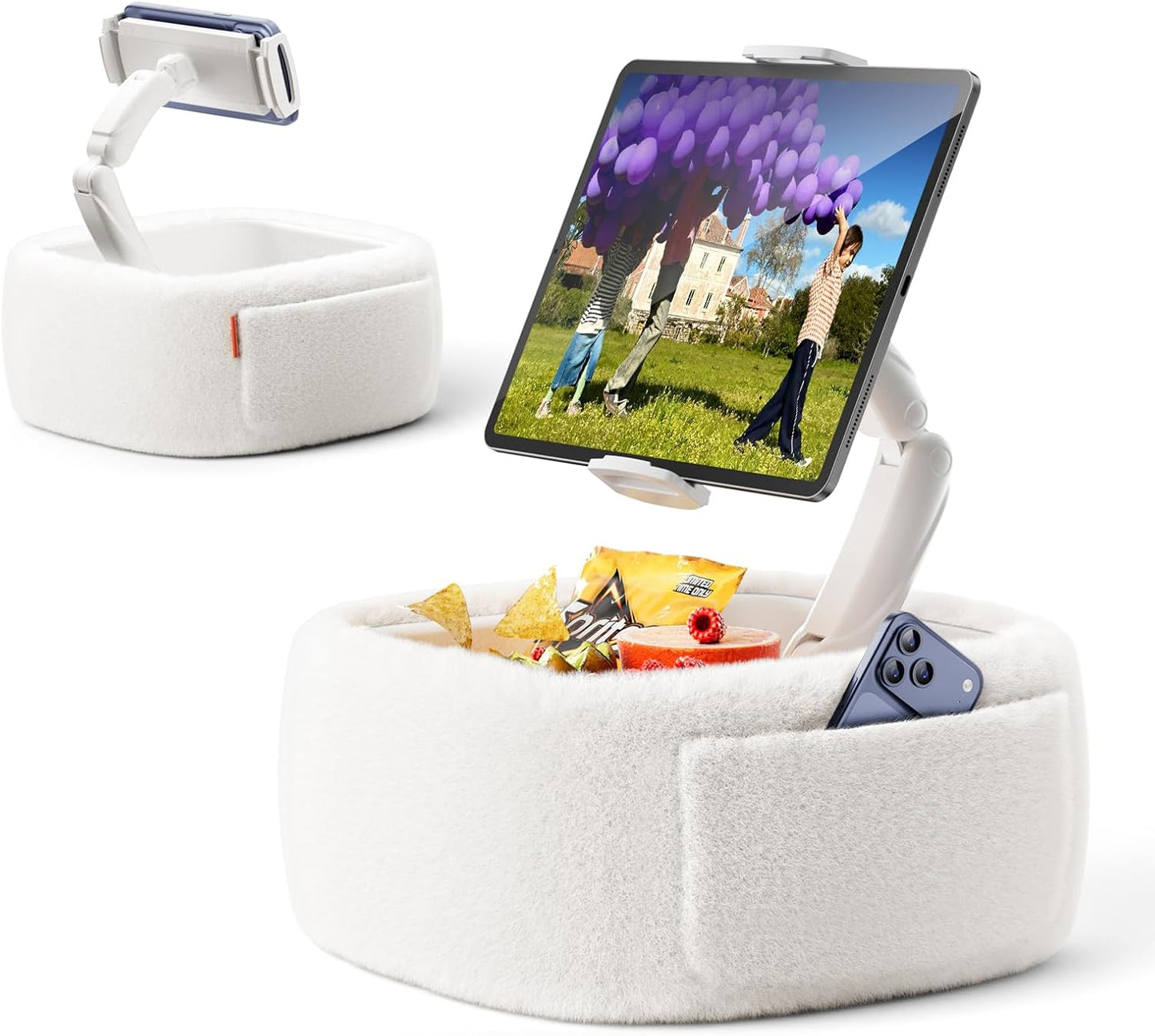LULULOOK Ultra Fluffy Kindle Pillow Stand for Reading, Lap Tablet Pillow Stand with Snack Bowl & Foldable Arm Compatible with iPad, Phone and 4.7-14.6” Tablet for Book Reading in Bed