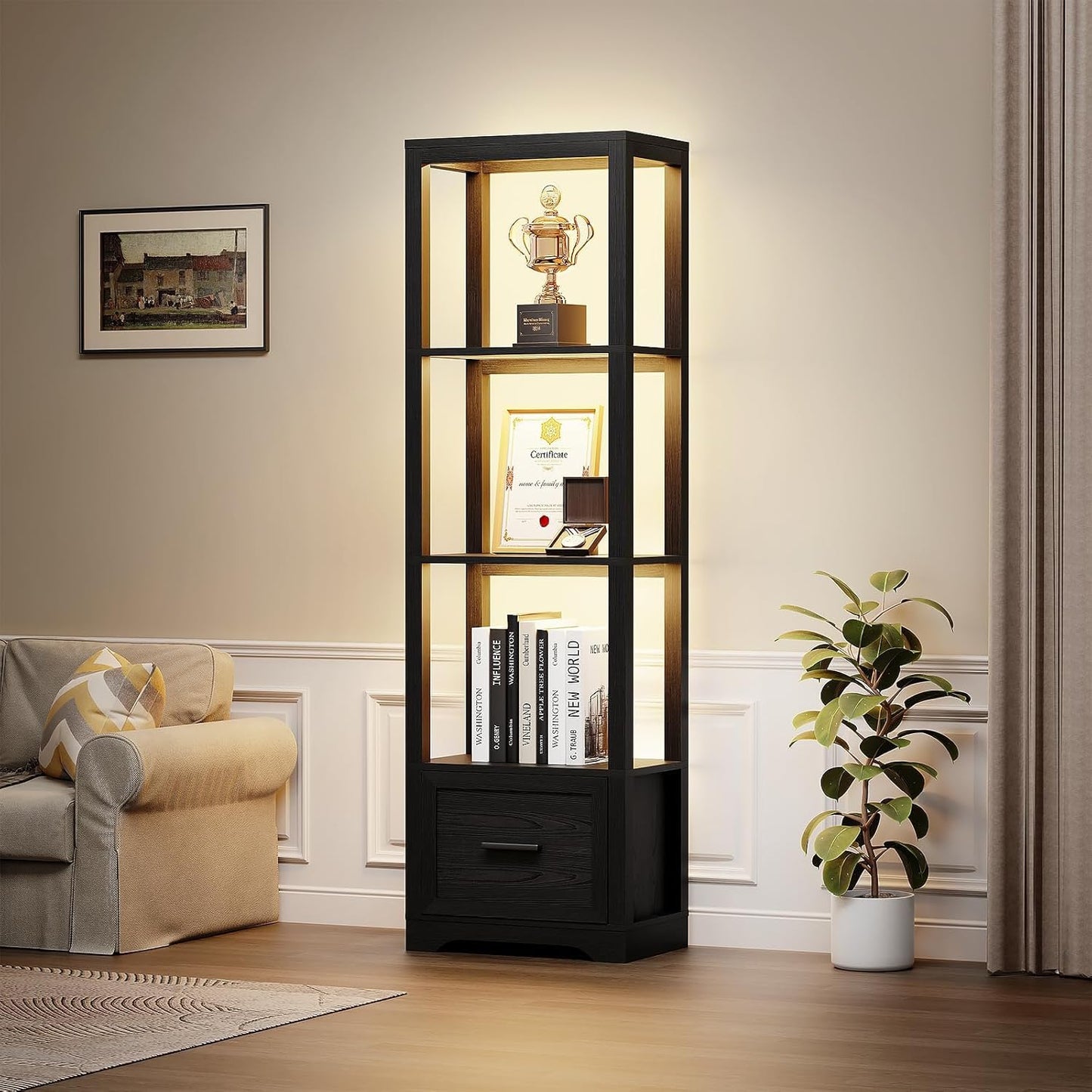Display Shelf with 3 Color Light, Bookshelf with Drawer, Dimmable Display Cabinet for Collectibles, Bookcase, Display Case for Books, Trophies, Toys, Black