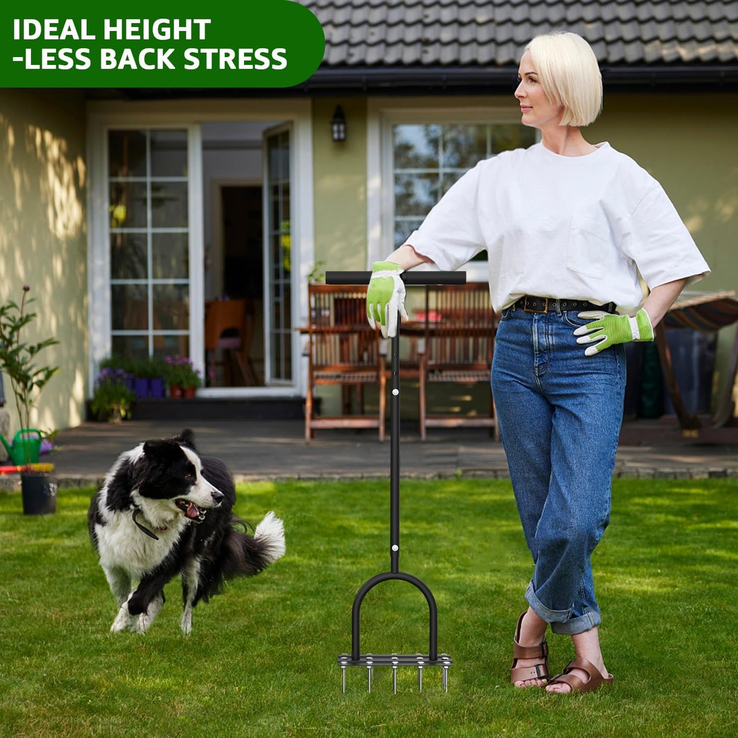 Aerator Lawn Tool Lawn Aerator -Heavy Duty Manual Grass Aerator with 15 Iron Spikes, Height Adjustable, Yard Aerator Tool for Lawn(Black)