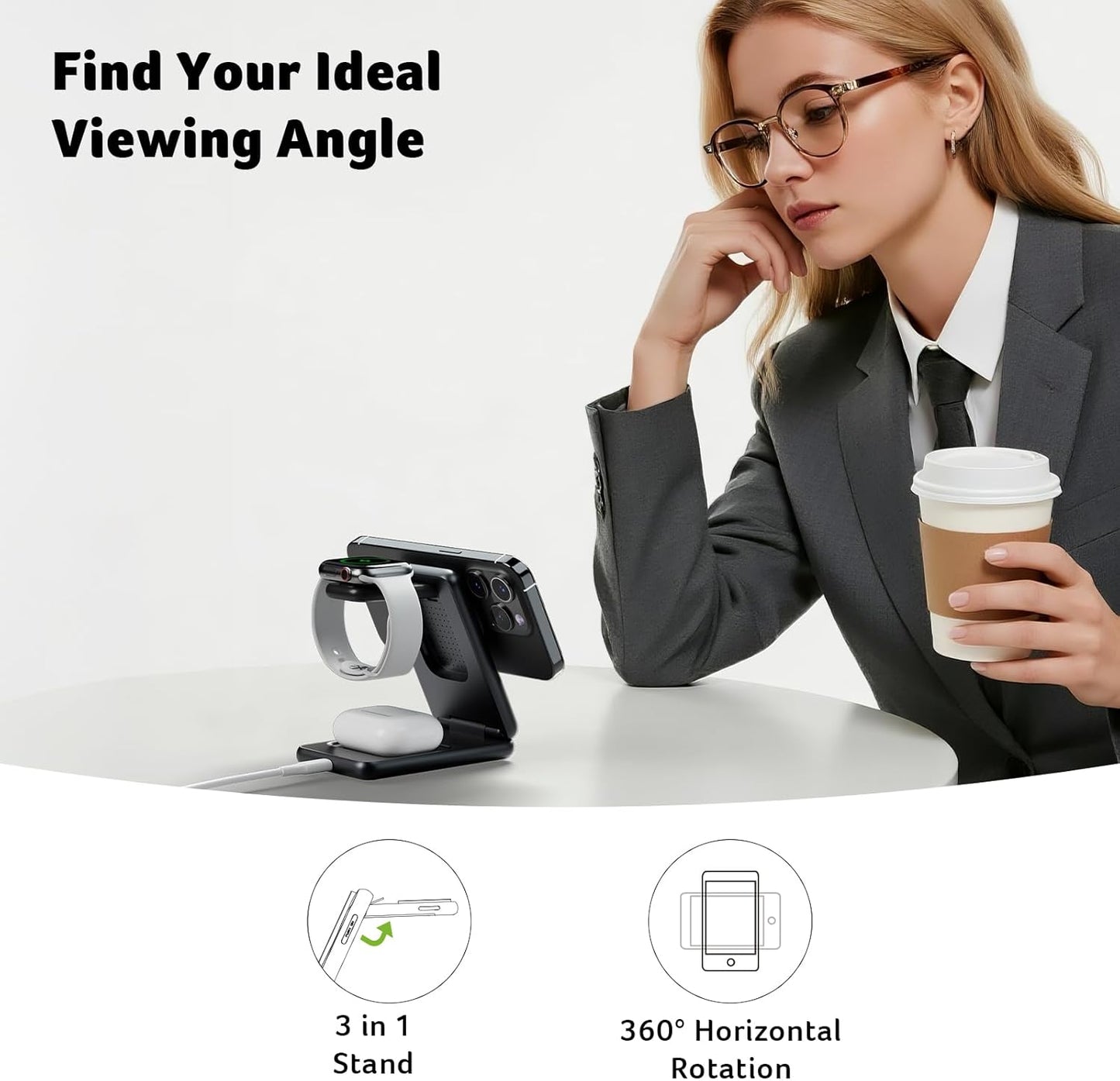 Acer 3 in 1 Charging Station for iPhone, Wireless Charger Stand,15W Fast MagSafe Charger for iPhone 17 16 15 14 13 12 Series-Apple Watch 11 10 9 8 7 6 5 4 3 2 SE and Ultra Series-Airpods 4 3 2 Pro