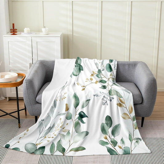 Erosebridal Sage Green Botanical Flannel Blanket Eucalyptus Golden Leaves Fuzzy Plush Throw Spring Watercolor Plants Fleece Blanket Rustic Farmhouse Nature Leaf for Sofa Bed Couch Queen 90x90