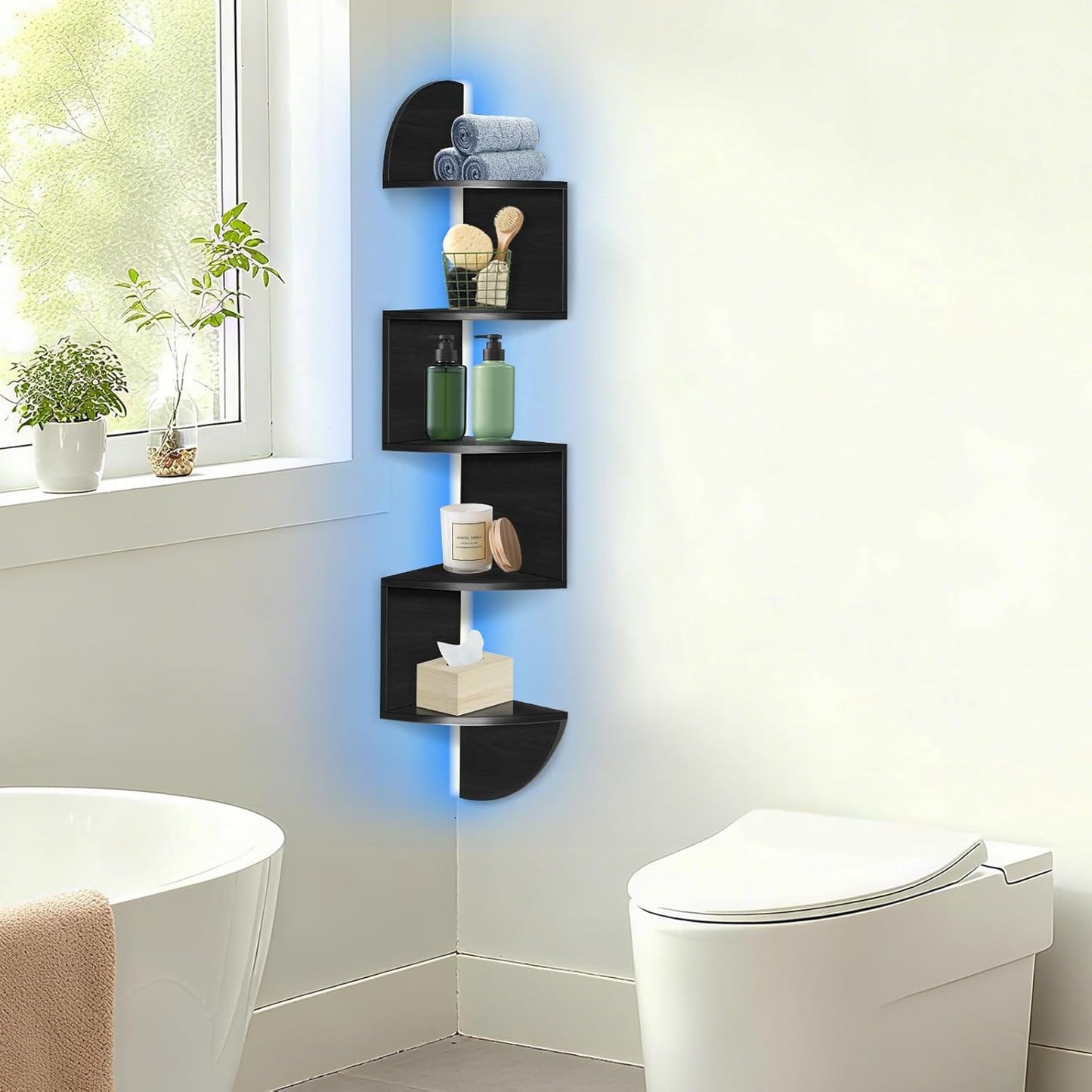 Corner Shelf Wall Mounted, 5 Tier Corner Bookshelf with Light, Corner Floating Shelves Display Shelf Stand for Bedroom, Bathroom, Living Room, Kitchen, Home, Office (Black)