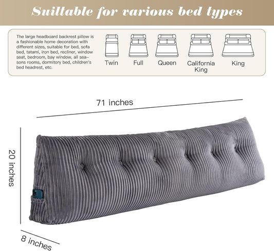 Large Triangular Headboard Wedge Bed Rest Reading Pillow Backrest Positioning Support Bolster Cushion with Removable Cover (Grey, CA King: 71x8x20 Inches)
