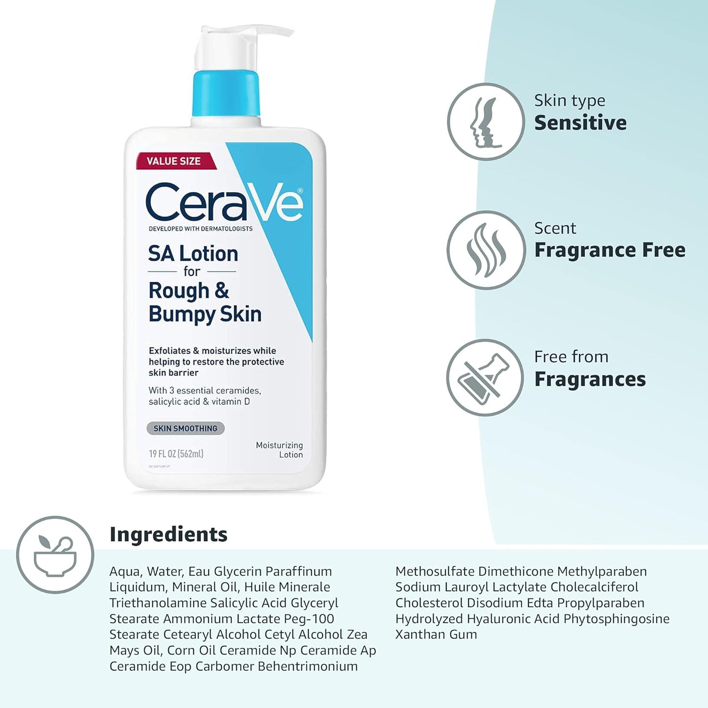 CeraVe SA Lotion for Rough & Bumpy Skin, Vitamin D, Hyaluronic Acid, Lactic Acid, Niacinamide & Salicylic Acid, Gentle Exfoliating Rough And Bumpy Skin Lotion, 19 Ounce