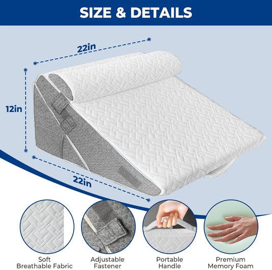 GUWELL Wedge Pillow Headboard for Sleep, 3PCS Adjustable Bed Wedge Pillow for Acid Reflux&Back Pain Relief, Sleeping, Back Pillow for Bed Sitting Up, 12inch/White/Grey