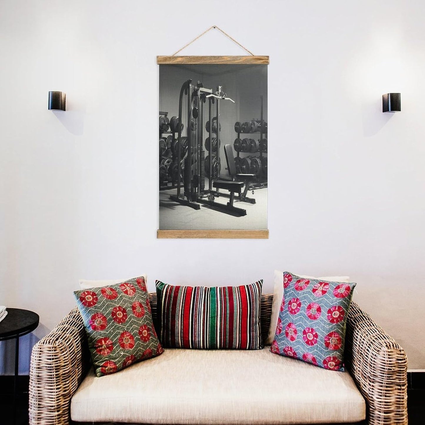 Vintage Gym Equipment Poster with Wooden Frame Personalized Linen Hanging Scroll Painting Rustic Wall Hanging Illustrative Modern Artwork Decor for Home Living Room Bedroom Office