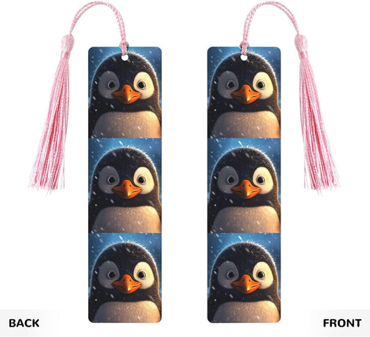 Penguin in The Snow Bookmarks Gifts for Women Men, Wooden Bookmarks for Book Lovers, Vintage Book Marks Ornaments with Tassel, Unique Personalized Reading Page Markers Pink