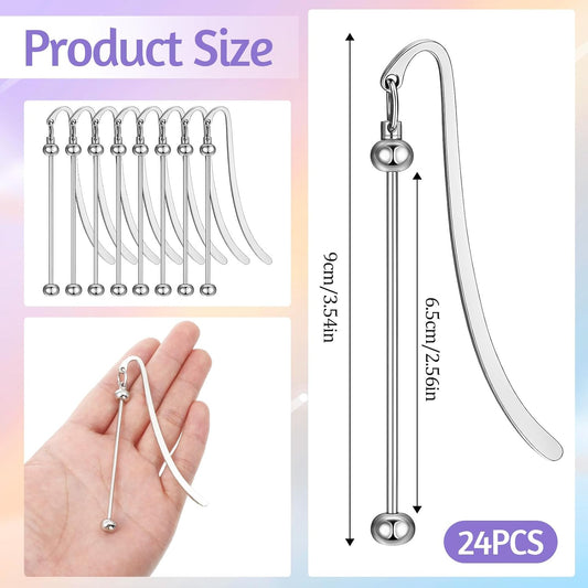 24 Pcs Beadable Bookmarks, DIY Silver Blank Bar Bookmarks for Beads Craft Metal Pendant Charm Gifts for Teachers, Students, Book Lovers, Office Supplies