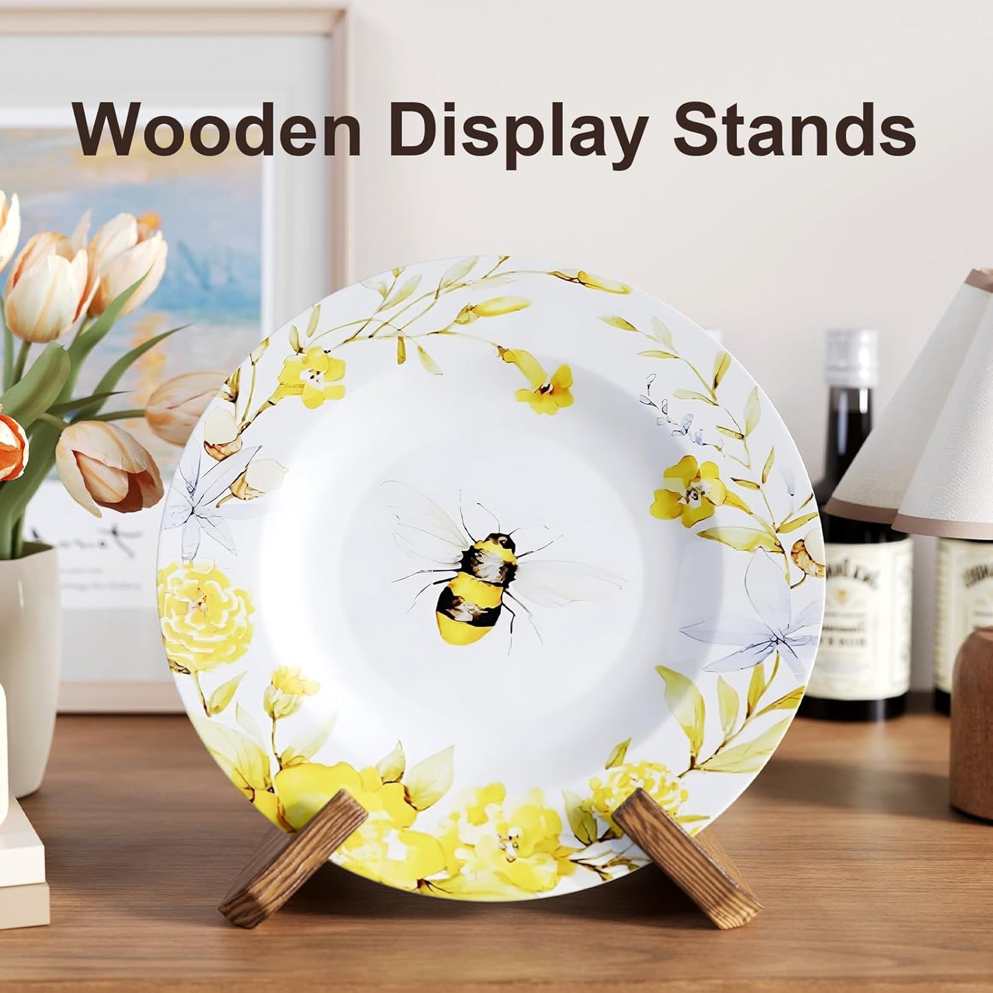 Wooden Plate Stands for Display, Wood Plate Holders for Displaying, Decorative Picture Frame Stand, Easel for Sign, Cookbook, Now Playing Vinyl Record, Recipe Book Holder for Photo, Plaque, Platter