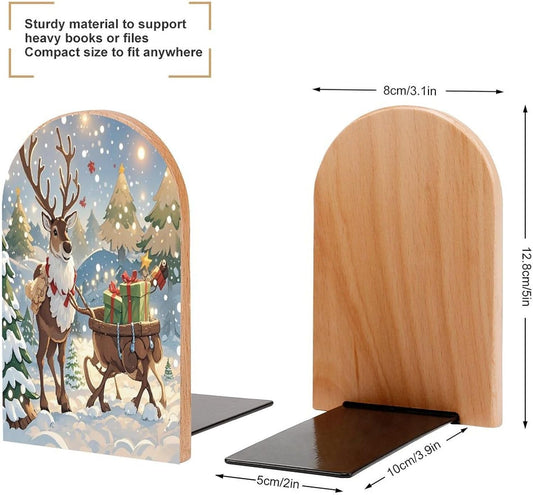 Reindeer Delivering Bookends 1 Pair Heavy Duty Book Ends for Shelves Non-Skid Bookend Supports Wooden Book Holders with Metal Base Desk Organizers Books Storage to Hold Books