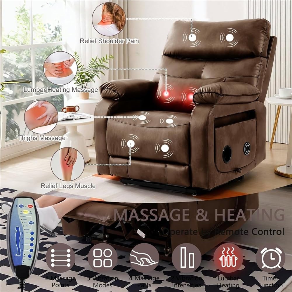 Power Recliner Chair with Heat & Massage Brown Leather Electric Lift Recliner Chair with Dual Motors Infinite Position Lay Flat Luxury Home Theater Reclining Sofa Seat