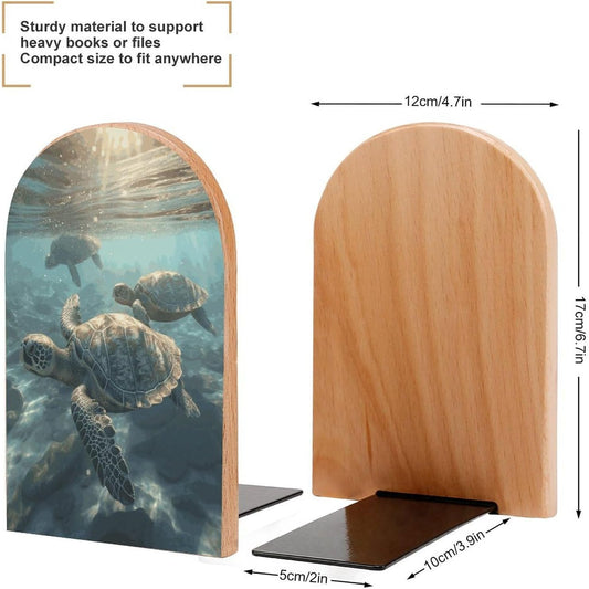 Sunny Sea Turtle Wooden Bookend Non-Slip Book Ends Heavy Duty Book Stopper with Metal Base Books Holderd Decorative Bookends Stands Firmly for Office Supplies