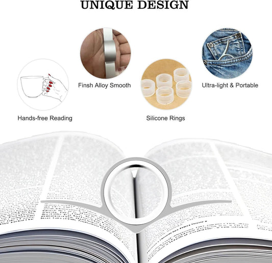 Thumb Book Page Holder Christmas Gifts for Book Lovers, Ultralight Metal Book Reading Holders Accessories with 5 Assorted Size Silicone Rings for Keep Book Open Women Reader Bookish Teachers