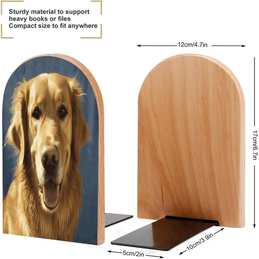 Non-Slip Bookend for Shelves Golden Dog Wooden Bookends with Metal Base Decorative Book Stopper for Home Heavy Duty Wood Book Storage for Books/CDs