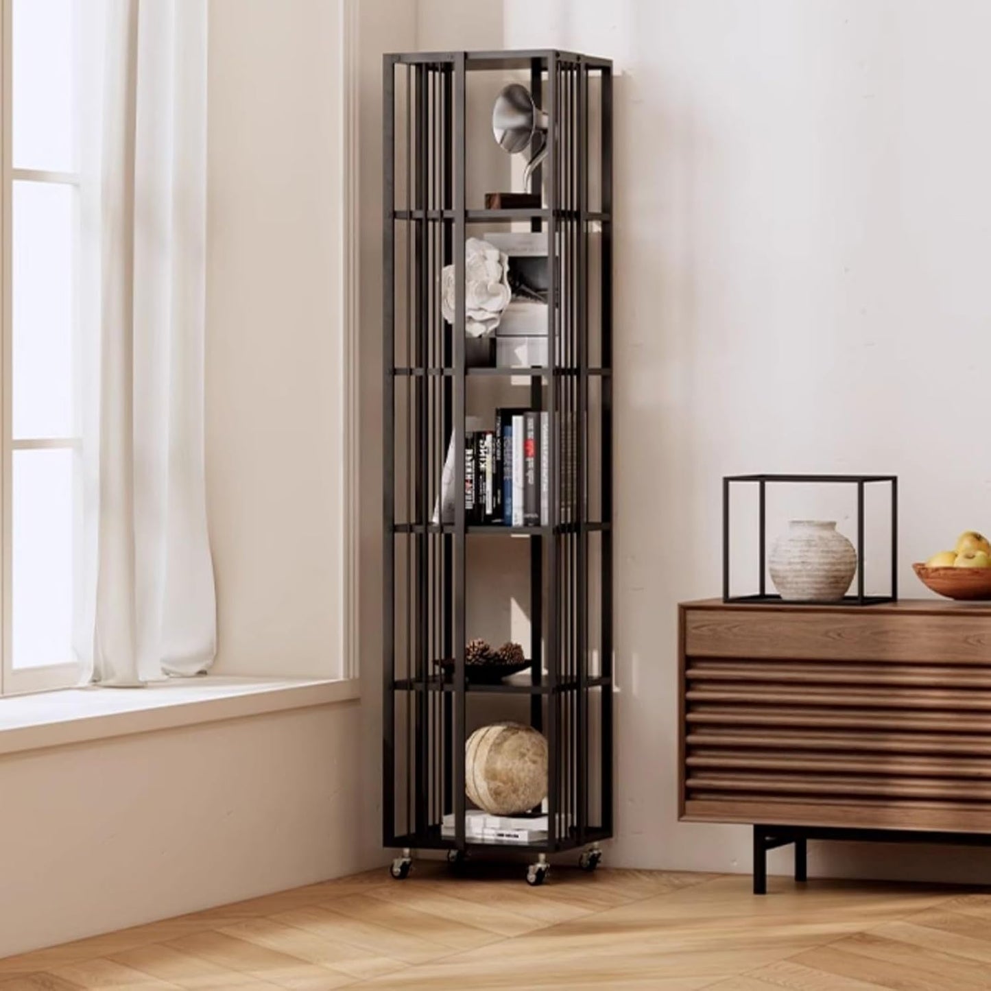 Simple Metal Bookshelf – Vertical Book Tower,360 degrees Vertical Bookshelf Tower,Tall & Narrow Ladder Bookcase, Modern Vertical Bookshelf Tower,Modern invisible Floating Bookshelf With wheels(107.5cm